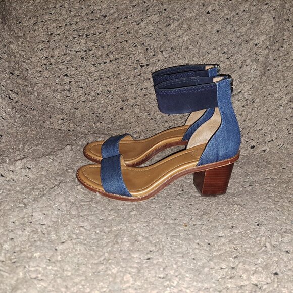 FRYE-Brielle-Denim-Back Zip-Suede Ankle Strap-Block Heel-Sz 6.5-Excellent - Picture 2 of 8